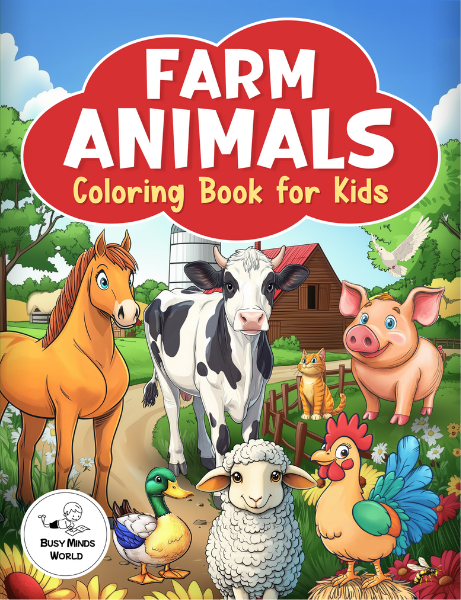 Farm Animals Coloring Book for Kids by Busy Minds World featuring farm animals like horse, cow, pig, sheep, chicken, duck.