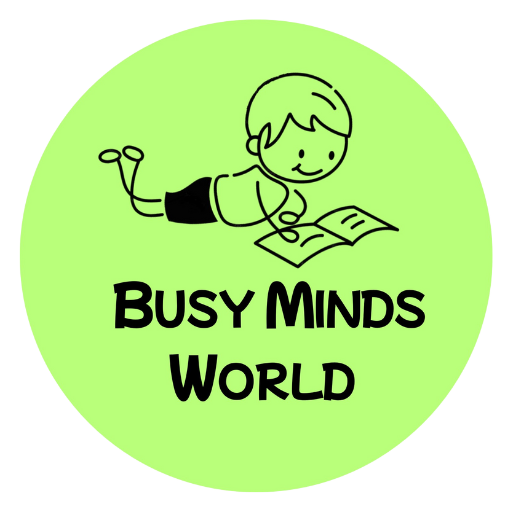 Busy Minds World logo featuring a light green circle with a simple black line drawing of a smiling boy lying on his stomach and coloring a book, with the text 'Busy Minds World' written below in bold letters.